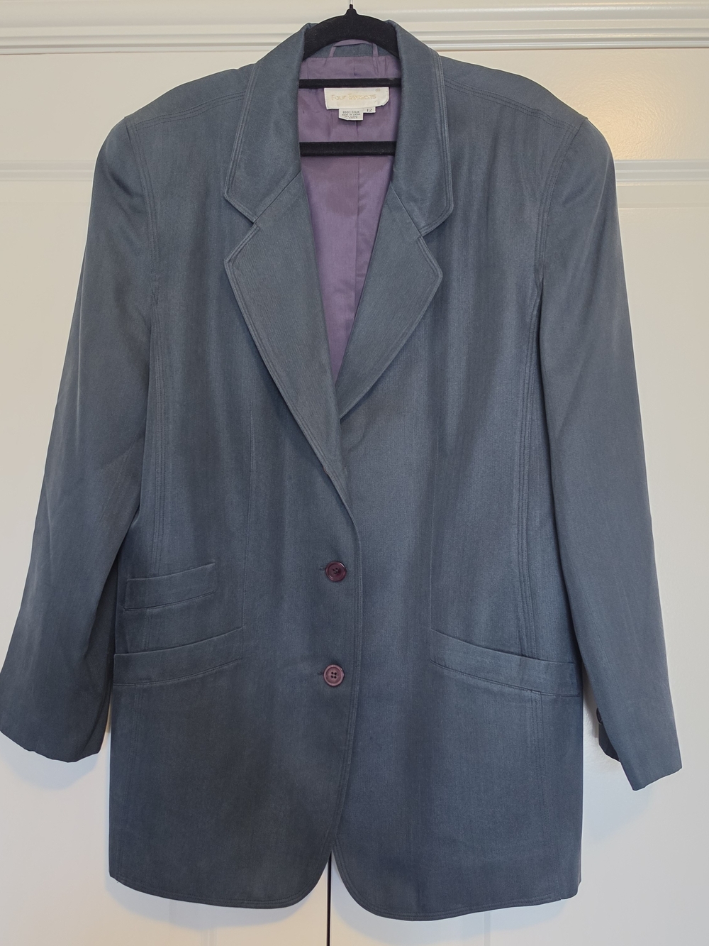 FOUR SEASONS 100% SILK LONGLINE BLAZER JACKET SIZE 12 SLATE BLUE STEEL GREY TAIL